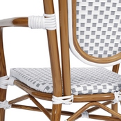 Lourdes Indoor/Outdoor Commercial Thonet French Bistro Stacking Chair with Arms, White and Gray PE Rattan and Bamboo Print Aluminum Frame in Natural, SDA-AD642002A-WHGY-NAT-GG