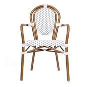 Lourdes Indoor/Outdoor Commercial Thonet French Bistro Stacking Chair with Arms, White and Gray PE Rattan and Bamboo Print Aluminum Frame in Natural, SDA-AD642002A-WHGY-NAT-GG