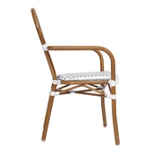 Lourdes Indoor/Outdoor Commercial Thonet French Bistro Stacking Chair with Arms, White and Gray PE Rattan and Bamboo Print Aluminum Frame in Natural, SDA-AD642002A-WHGY-NAT-GG