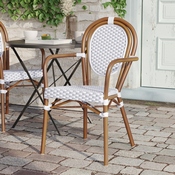 Lourdes Indoor/Outdoor Commercial Thonet French Bistro Stacking Chair with Arms, White and Gray PE Rattan and Bamboo Print Aluminum Frame in Natural, SDA-AD642002A-WHGY-NAT-GG