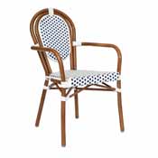 Lourdes Indoor/Outdoor Commercial Thonet French Bistro Stacking Chair with Arms, White and Navy PE Rattan and Bamboo Print Aluminum Frame in Natural, SDA-AD642002A-WHNVY-NAT-GG