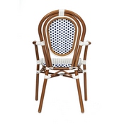 Lourdes Indoor/Outdoor Commercial Thonet French Bistro Stacking Chair with Arms, White and Navy PE Rattan and Bamboo Print Aluminum Frame in Natural, SDA-AD642002A-WHNVY-NAT-GG