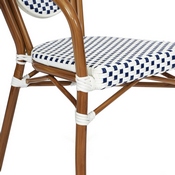 Lourdes Indoor/Outdoor Commercial Thonet French Bistro Stacking Chair with Arms, White and Navy PE Rattan and Bamboo Print Aluminum Frame in Natural, SDA-AD642002A-WHNVY-NAT-GG
