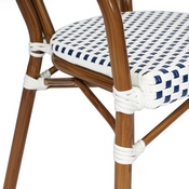 Lourdes Indoor/Outdoor Commercial Thonet French Bistro Stacking Chair with Arms, White and Navy PE Rattan and Bamboo Print Aluminum Frame in Natural, SDA-AD642002A-WHNVY-NAT-GG