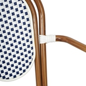 Lourdes Indoor/Outdoor Commercial Thonet French Bistro Stacking Chair with Arms, White and Navy PE Rattan and Bamboo Print Aluminum Frame in Natural, SDA-AD642002A-WHNVY-NAT-GG