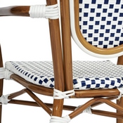 Lourdes Indoor/Outdoor Commercial Thonet French Bistro Stacking Chair with Arms, White and Navy PE Rattan and Bamboo Print Aluminum Frame in Natural, SDA-AD642002A-WHNVY-NAT-GG