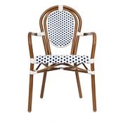 Lourdes Indoor/Outdoor Commercial Thonet French Bistro Stacking Chair with Arms, White and Navy PE Rattan and Bamboo Print Aluminum Frame in Natural, SDA-AD642002A-WHNVY-NAT-GG