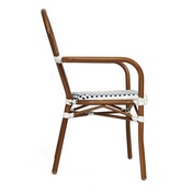Lourdes Indoor/Outdoor Commercial Thonet French Bistro Stacking Chair with Arms, White and Navy PE Rattan and Bamboo Print Aluminum Frame in Natural, SDA-AD642002A-WHNVY-NAT-GG