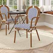 Lourdes Indoor/Outdoor Commercial Thonet French Bistro Stacking Chair with Arms, White and Navy PE Rattan and Bamboo Print Aluminum Frame in Natural, SDA-AD642002A-WHNVY-NAT-GG