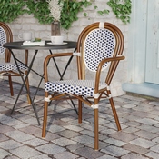Lourdes Indoor/Outdoor Commercial Thonet French Bistro Stacking Chair with Arms, White and Navy PE Rattan and Bamboo Print Aluminum Frame in Natural, SDA-AD642002A-WHNVY-NAT-GG