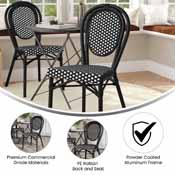 Lourdes Indoor/Outdoor Commercial Thonet French Bistro Stacking Chair, Black and White PE Rattan and Black Aluminum Frame, SDA-AD642002S-BKWH-BK-GG