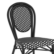 Lourdes Indoor/Outdoor Commercial Thonet French Bistro Stacking Chair, Black and White PE Rattan and Black Aluminum Frame, SDA-AD642002S-BKWH-BK-GG