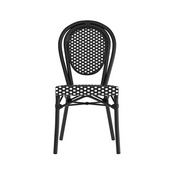 Lourdes Indoor/Outdoor Commercial Thonet French Bistro Stacking Chair, Black and White PE Rattan and Black Aluminum Frame, SDA-AD642002S-BKWH-BK-GG