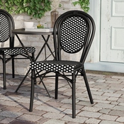 Lourdes Indoor/Outdoor Commercial Thonet French Bistro Stacking Chair, Black and White PE Rattan and Black Aluminum Frame, SDA-AD642002S-BKWH-BK-GG