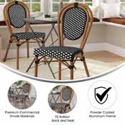 Lourdes Indoor/Outdoor Commercial Thonet French Bistro Stacking Chair, Black and White PE Rattan and Bamboo Print Aluminum Frame in Natural, SDA-AD642002S-BKWH-NAT-GG