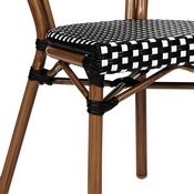 Lourdes Indoor/Outdoor Commercial Thonet French Bistro Stacking Chair, Black and White PE Rattan and Bamboo Print Aluminum Frame in Natural, SDA-AD642002S-BKWH-NAT-GG