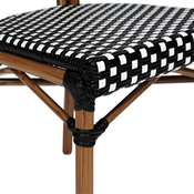 Lourdes Indoor/Outdoor Commercial Thonet French Bistro Stacking Chair, Black and White PE Rattan and Bamboo Print Aluminum Frame in Natural, SDA-AD642002S-BKWH-NAT-GG