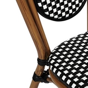 Lourdes Indoor/Outdoor Commercial Thonet French Bistro Stacking Chair, Black and White PE Rattan and Bamboo Print Aluminum Frame in Natural, SDA-AD642002S-BKWH-NAT-GG