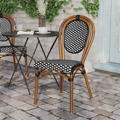Lourdes Indoor/Outdoor Commercial Thonet French Bistro Stacking Chair, Black and White PE Rattan and Bamboo Print Aluminum Frame in Natural, SDA-AD642002S-BKWH-NAT-GG
