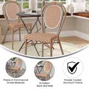 Lourdes Indoor/Outdoor Commercial Thonet French Bistro Stacking Chair, Natural/White PE Rattan and Bamboo Print Aluminum Frame in Light Natural, SDA-AD642002S-NATWH-LTNAT-GG
