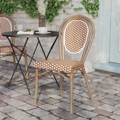 Lourdes Indoor/Outdoor Commercial Thonet French Bistro Stacking Chair, Natural/White PE Rattan and Bamboo Print Aluminum Frame in Light Natural, SDA-AD642002S-NATWH-LTNAT-GG