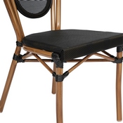 Marseille Indoor/Outdoor Commercial Thonet French Bistro Stacking Chair, Black Textilene and Bamboo Print Aluminum Frame in Natural, SDA-AD642002S-TXT-BK-NAT-GG