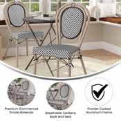 Marseille Indoor/Outdoor Commercial Thonet French Bistro Stacking Chair, Black/White Textilene and Bamboo Print Aluminum Frame in LT Natural, SDA-AD642002S-TXT-BLKWH-LTNAT-GG