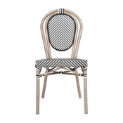Marseille Indoor/Outdoor Commercial Thonet French Bistro Stacking Chair, Black/White Textilene and Bamboo Print Aluminum Frame in LT Natural, SDA-AD642002S-TXT-BLKWH-LTNAT-GG