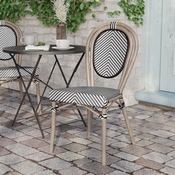 Marseille Indoor/Outdoor Commercial Thonet French Bistro Stacking Chair, Black/White Textilene and Bamboo Print Aluminum Frame in LT Natural, SDA-AD642002S-TXT-BLKWH-LTNAT-GG
