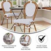 Lourdes Indoor/Outdoor Commercial Thonet French Bistro Stacking Chair, White and Gray PE Rattan and Bamboo Print Aluminum Frame in Natural, SDA-AD642002S-WHGY-NAT-GG