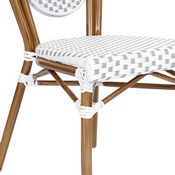 Lourdes Indoor/Outdoor Commercial Thonet French Bistro Stacking Chair, White and Gray PE Rattan and Bamboo Print Aluminum Frame in Natural, SDA-AD642002S-WHGY-NAT-GG