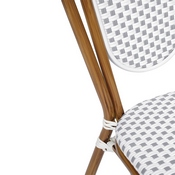Lourdes Indoor/Outdoor Commercial Thonet French Bistro Stacking Chair, White and Gray PE Rattan and Bamboo Print Aluminum Frame in Natural, SDA-AD642002S-WHGY-NAT-GG