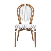 Lourdes Indoor/Outdoor Commercial Thonet French Bistro Stacking Chair, White and Gray PE Rattan and Bamboo Print Aluminum Frame in Natural, SDA-AD642002S-WHGY-NAT-GG