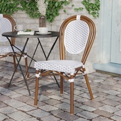 Lourdes Indoor/Outdoor Commercial Thonet French Bistro Stacking Chair, White and Gray PE Rattan and Bamboo Print Aluminum Frame in Natural, SDA-AD642002S-WHGY-NAT-GG