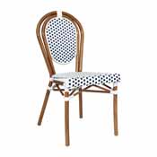 Lourdes Indoor/Outdoor Commercial Thonet French Bistro Stacking Chair, White and Navy PE Rattan and Bamboo Print Aluminum Frame in Natural, SDA-AD642002S-WHNVY-NAT-GG