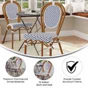 Lourdes Indoor/Outdoor Commercial Thonet French Bistro Stacking Chair, White and Navy PE Rattan and Bamboo Print Aluminum Frame in Natural, SDA-AD642002S-WHNVY-NAT-GG