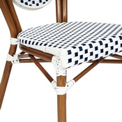 Lourdes Indoor/Outdoor Commercial Thonet French Bistro Stacking Chair, White and Navy PE Rattan and Bamboo Print Aluminum Frame in Natural, SDA-AD642002S-WHNVY-NAT-GG