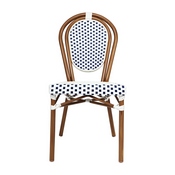 Lourdes Indoor/Outdoor Commercial Thonet French Bistro Stacking Chair, White and Navy PE Rattan and Bamboo Print Aluminum Frame in Natural, SDA-AD642002S-WHNVY-NAT-GG