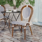 Lourdes Indoor/Outdoor Commercial Thonet French Bistro Stacking Chair, White and Navy PE Rattan and Bamboo Print Aluminum Frame in Natural, SDA-AD642002S-WHNVY-NAT-GG
