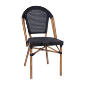 Marseille Indoor/Outdoor Commercial French Bistro Stacking Chair, Black Textilene Back and Seat, Bamboo Print Aluminum Frame in Natural, SDA-AD642107-BK-NAT-GG