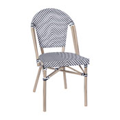 Marseille Indoor/Outdoor Commercial French Bistro Stacking Chair, Black/White Textilene Back and Seat, Bamboo Print Aluminum Frame in Light Natural, SDA-AD642107-BLKWH-LTNAT-GG