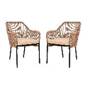 Kallie Set of 2 All-Weather Natural Woven Stacking Club Chairs with Rounded Arms & Ivory Zippered Seat Cushions