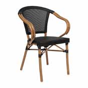 Marseille Indoor/Outdoor Commercial French Bistro Stacking Chair with Arms, Black Textilene and Bamboo Print Aluminum Frame in Natural, SDA-ADS642108-BK-NAT-GG