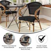 Marseille Indoor/Outdoor Commercial French Bistro Stacking Chair with Arms, Black Textilene and Bamboo Print Aluminum Frame in Natural, SDA-ADS642108-BK-NAT-GG