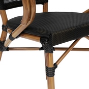 Marseille Indoor/Outdoor Commercial French Bistro Stacking Chair with Arms, Black Textilene and Bamboo Print Aluminum Frame in Natural, SDA-ADS642108-BK-NAT-GG