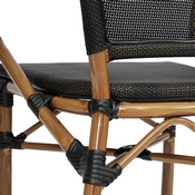 Marseille Indoor/Outdoor Commercial French Bistro Stacking Chair with Arms, Black Textilene and Bamboo Print Aluminum Frame in Natural, SDA-ADS642108-BK-NAT-GG