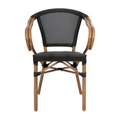 Marseille Indoor/Outdoor Commercial French Bistro Stacking Chair with Arms, Black Textilene and Bamboo Print Aluminum Frame in Natural, SDA-ADS642108-BK-NAT-GG