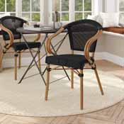 Marseille Indoor/Outdoor Commercial French Bistro Stacking Chair with Arms, Black Textilene and Bamboo Print Aluminum Frame in Natural, SDA-ADS642108-BK-NAT-GG