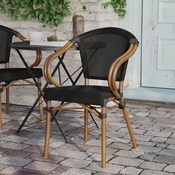 Marseille Indoor/Outdoor Commercial French Bistro Stacking Chair with Arms, Black Textilene and Bamboo Print Aluminum Frame in Natural, SDA-ADS642108-BK-NAT-GG
