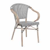 Marseille Indoor/Outdoor Commercial French Bistro Stacking Chair with Arms, Black/White Textilene and Bamboo Print Aluminum Frame in LT Natural, SDA-ADS642108-BLKWH-LTNAT-GG